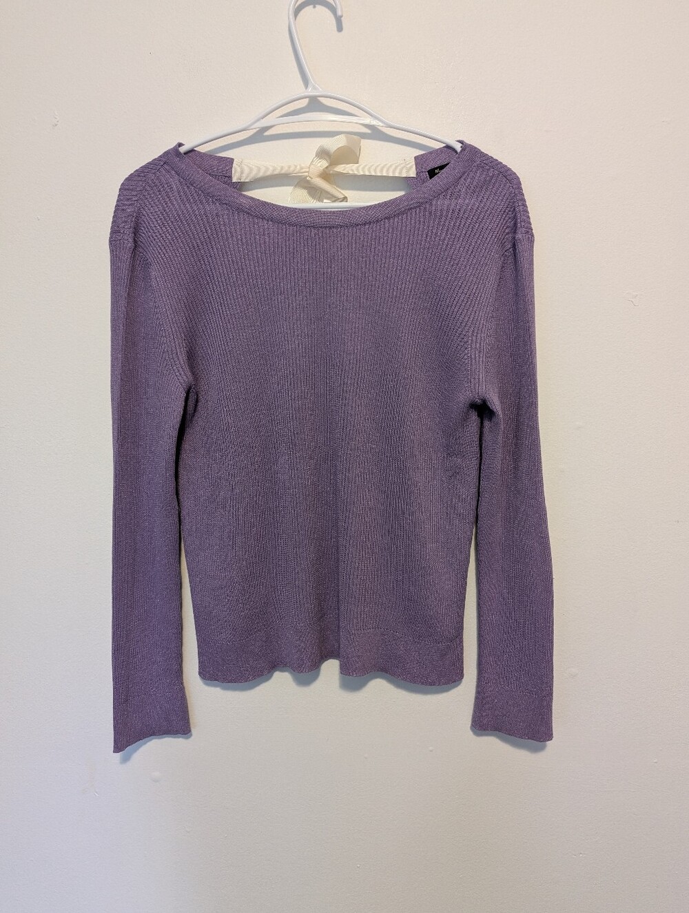 Massimo Dutti Italian Yarn Ribbed Bow Back Metallic Sweater Lavender Coquette S